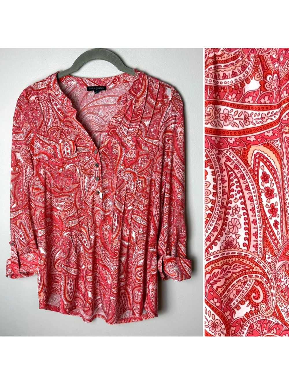 Ava & Grace Blouse Size Small Top 3/4 Roll-Tab Sleeves Paisley Floral Stretch